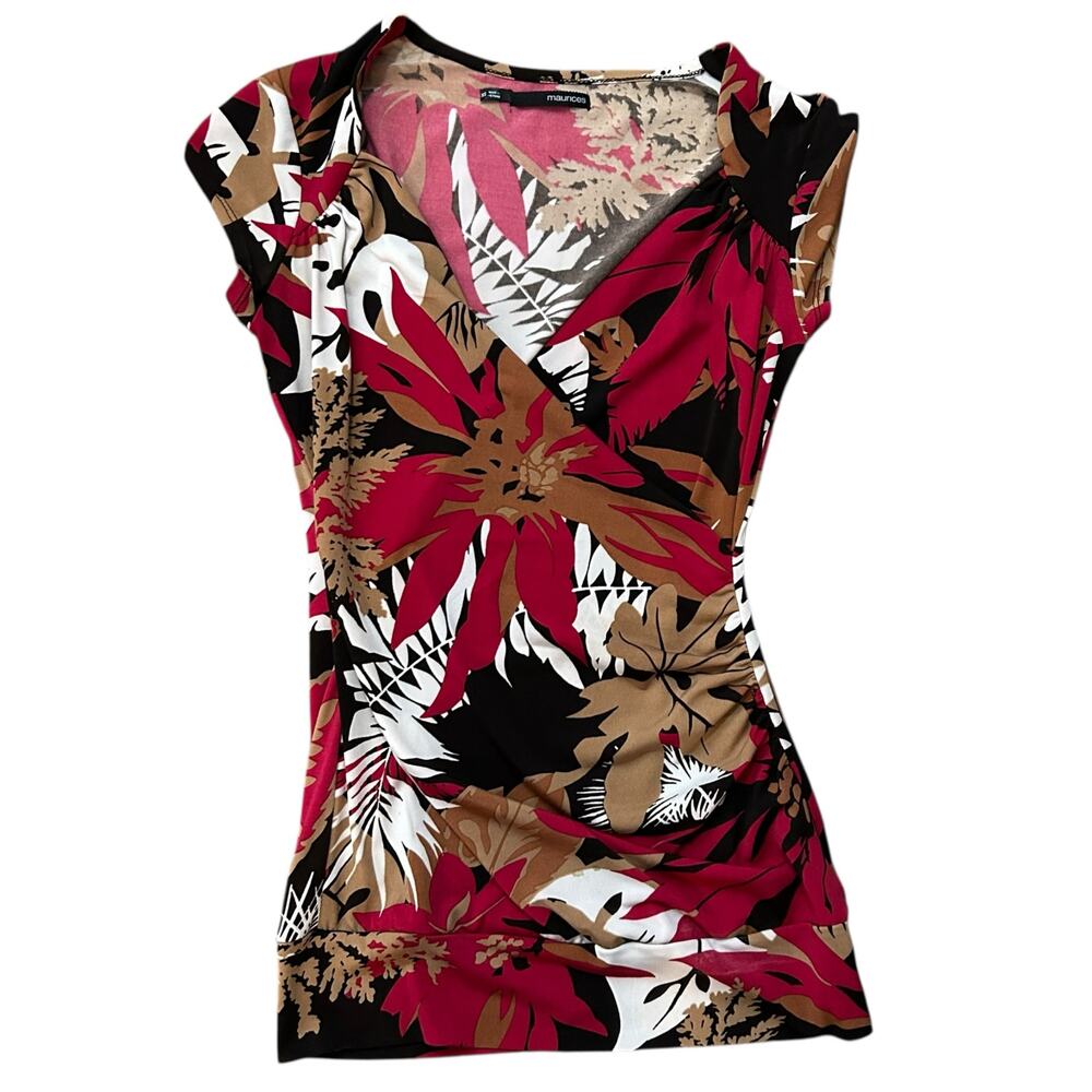 Maurices Faux Wrap Red Brown Floral Cap Sleeve Top Womens Size XS Tropical